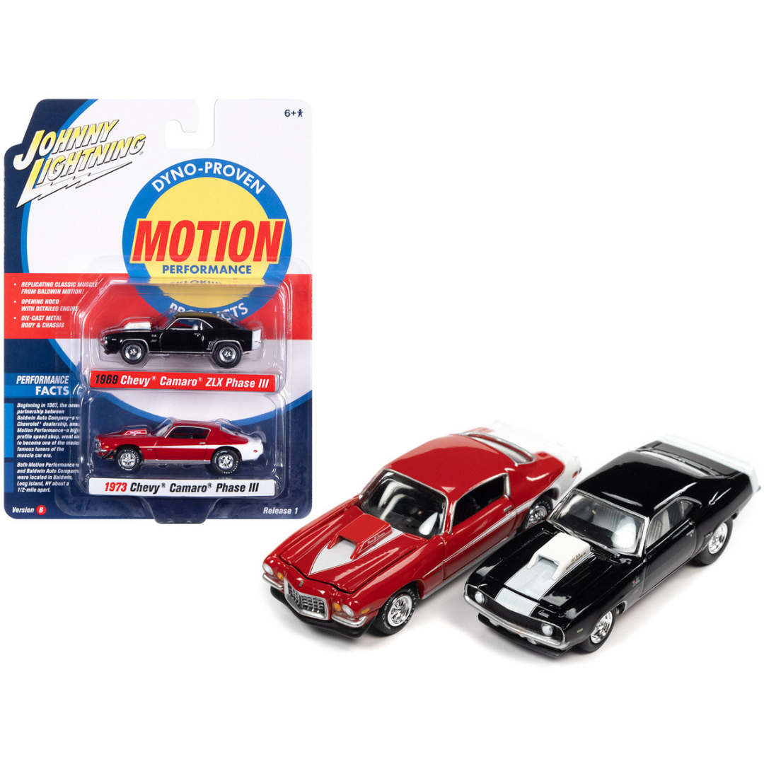 1969-chevrolet-camaro-zlx-phase-iii-black-with-white-stripes-and-1973-chevrolet-camaro-phase-iii-medium-red-and-white-baldwin-motion-set-of-2-cars-1-64-diecast-model-cars-by-johnny-lightning