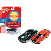 1969-chevrolet-camaro-zlx-phase-iii-hugger-orange-with-black-stripes-and-1973-chevrolet-camaro-phase-iii-dark-green-metallic-and-white-baldwin-motion-set-of-2-cars-1-64-diecast-model-cars-by-johnny-lightning