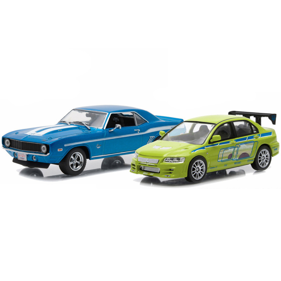 1969 Chevrolet Yenko Camaro Blue and 2002 Mitsubishi Lancer Evolution VII Green (Drag Scene) "2 Fast 2 Furious" (2003) Movie Diorama Set of 2 pieces 1:43 Die Cast Model Cars by Greenlight