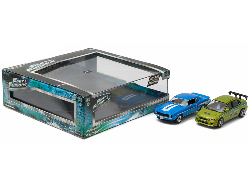 1969 Chevrolet Yenko Camaro Blue and 2002 Mitsubishi Lancer Evolution VII Green (Drag Scene) "2 Fast 2 Furious" (2003) Movie Diorama Set of 2 pieces 1:43 Die Cast Model Cars by Greenlight
