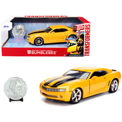 2006-chevrolet-camaro-concept-yellow-bumblebee-with-robot-on-chassis-and-collectible-metal-coin-transformers-movie-1-24-diecast-model-car-by-jada