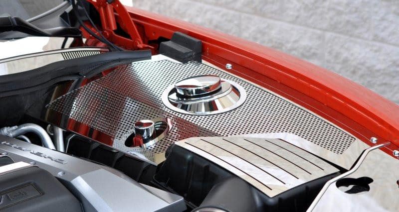 2010-2011-5th-gen-camaro-inner-fender-covers-w-fuse-box-cover-polished-perforated-stainless-steel