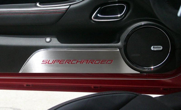2010-2015 5th Gen Camaro Door Panel Kick Plates 'Supercharged' | Brushed Stainless Steel