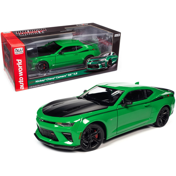 2017 Chevrolet Nickey Camaro SS 1LE Krypton Green with Matte Black Hood and Black Stripes 1/18 Diecast Model Car by Auto World