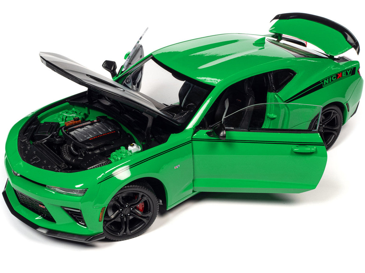 2017-chevrolet-nickey-camaro-ss-1le-krypton-green-with-matt-black-hood-and-black-stripes-1-18-diecast-model-car-by-auto-world