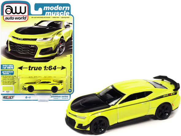 2019 Chevrolet Camaro Nickey ZL1 1LE Shock Yellow with Matt Black Hood and Stripes "Modern Muscle" Limited Edition to 14670 pieces Worldwide 1/64 Diecast Model Car by Auto World