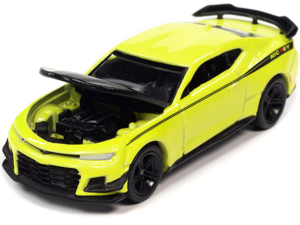 2019 Chevrolet Camaro Nickey ZL1 1LE Shock Yellow with Matt Black Hood and Stripes "Modern Muscle" Limited Edition to 14670 pieces Worldwide 1/64 Diecast Model Car by Auto World
