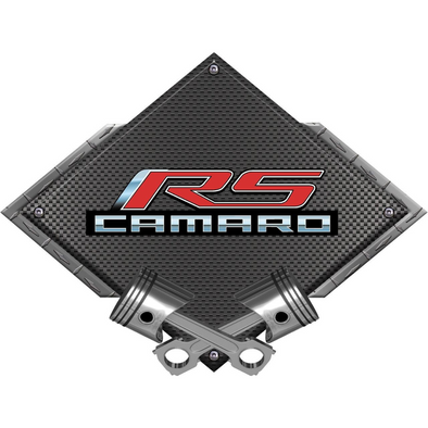 Camaro RS With Script Black Diamond Cross Pistons Steel Sign