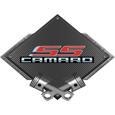 Camaro SS With Script Black Diamond Cross Pistons Steel Sign